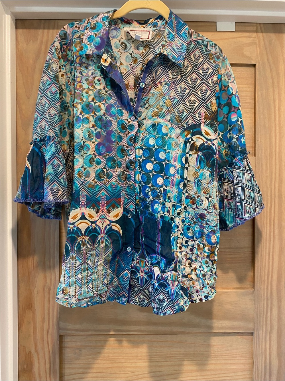 Johnny Was Blue Multi-Print Button-Down Blouse